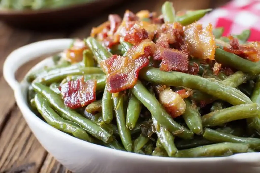 A white serving bowl filled with tender Southern Green Beans, generously topped with crispy, crumbled bacon bits.
