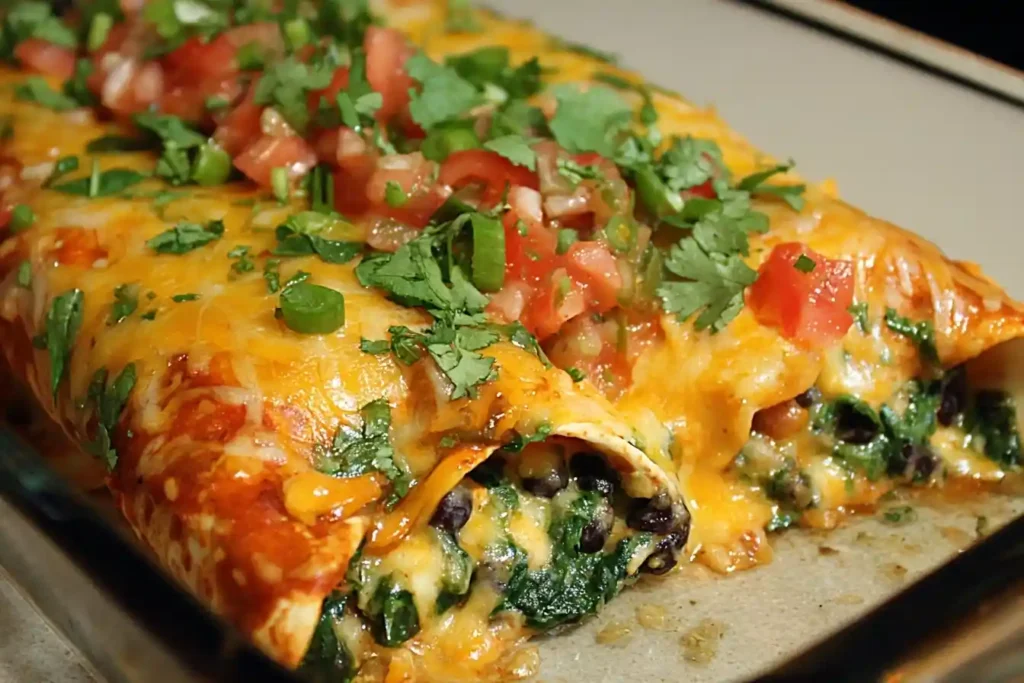 A close-up of cheesy Black Bean and Spinach Enchiladas in a glass dish, topped with fresh pico de gallo and cilantro.