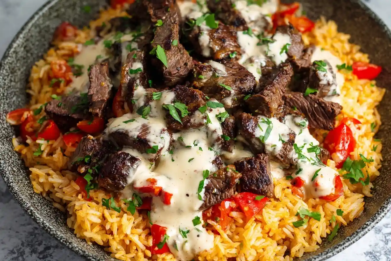 A close-up of a Steak and Rice Bowl featuring tender steak bites, creamy sauce, and fresh parsley over seasoned rice.
