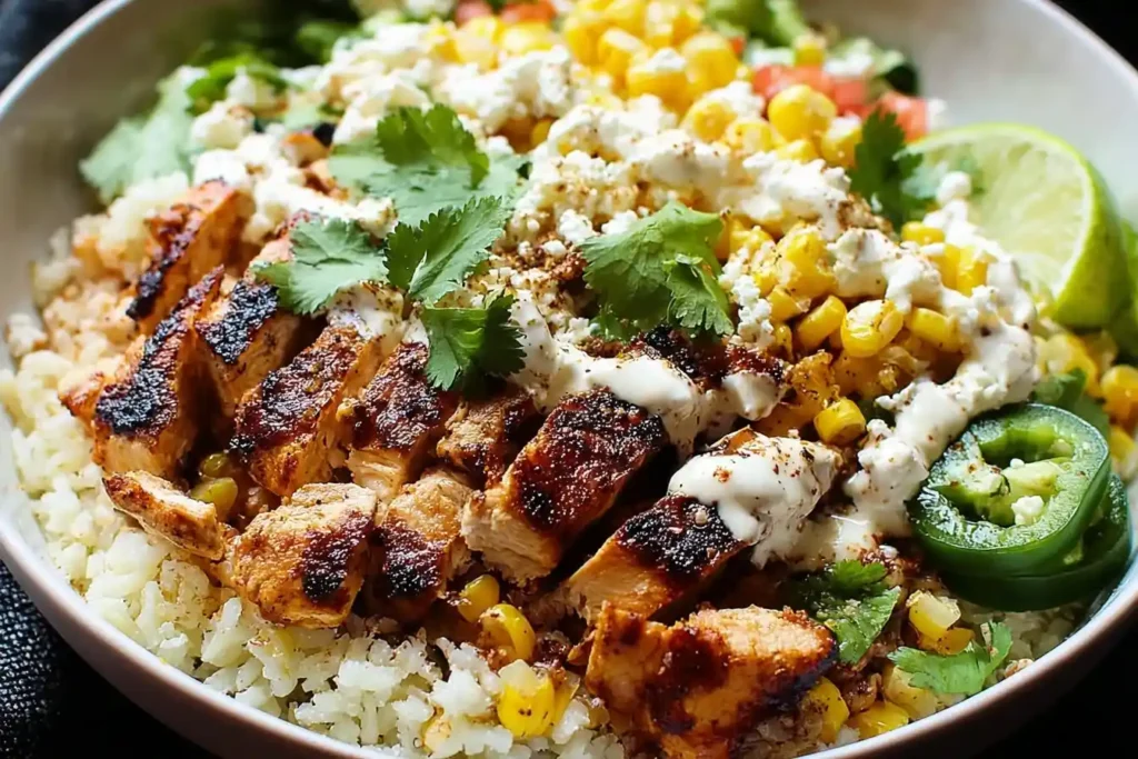 A close-up of a chicken burrito bowl with sliced grilled chicken, rice, corn, cotija cheese, cilantro, and a lime wedge.