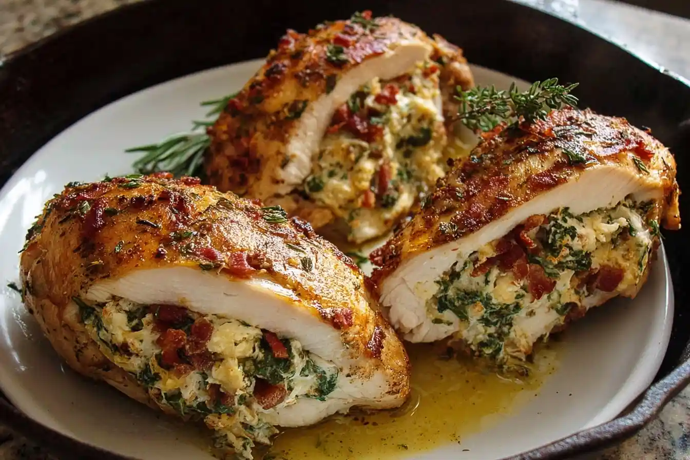 A close-up of golden-brown Stuffed Chicken Breast, sliced to reveal a creamy spinach, bacon, and cheese filling on a plate.