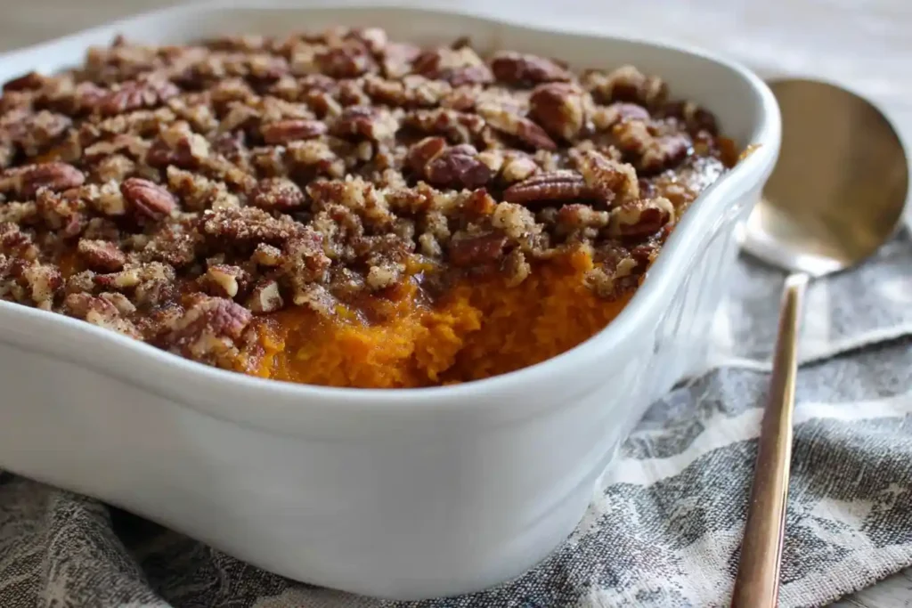 A sweet potato casserole with a crunchy pecan and brown sugar streusel topping, served in a white baking dish.