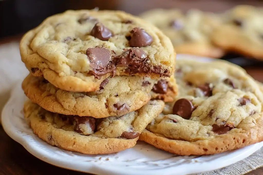A close-up of a stack of chewy chocolate chip cookies on a white plate, with one broken to show the gooey, melted center.