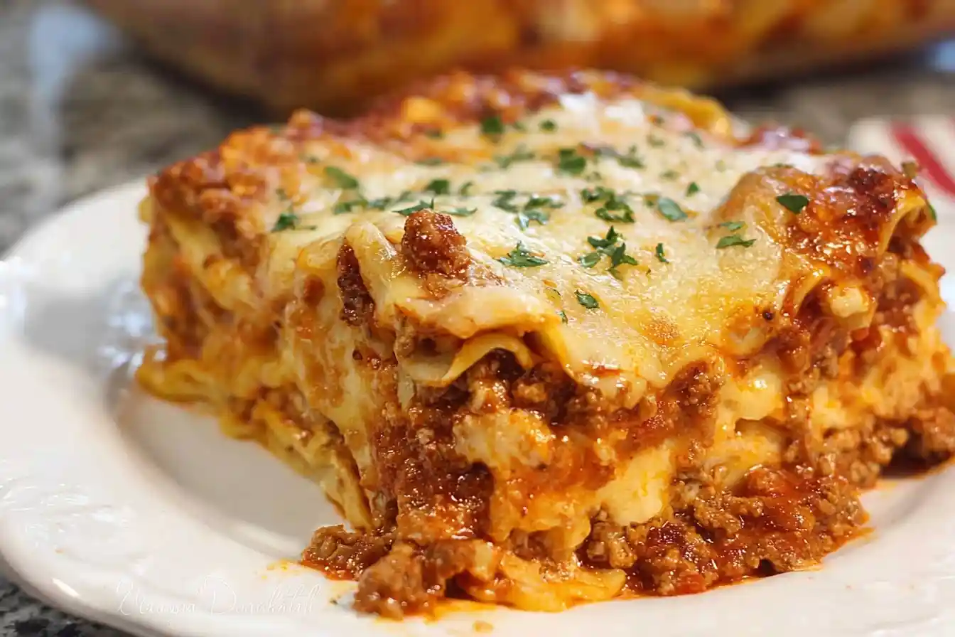 A close-up of a slice of homemade lasagna from a classic lasagna recipe, served on a white plate and garnished with parsley.