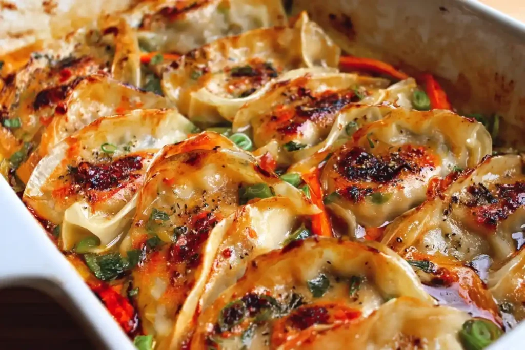 A close-up of golden brown baked dumplings in a white casserole dish, garnished with green onions and black pepper.