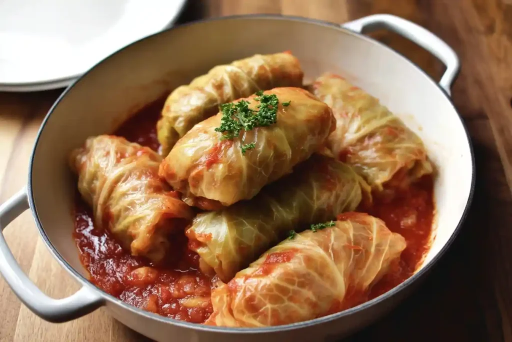 A white pot filled with delicious stuffed cabbage rolls simmering in a rich tomato sauce, garnished with fresh parsley.