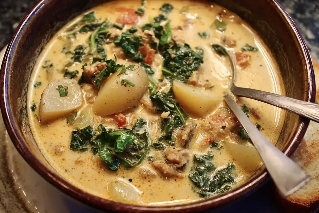 A hearty bowl of creamy Zuppa Toscana soup, filled with Italian sausage, tender potatoes, and fresh kale, with two spoons inside.