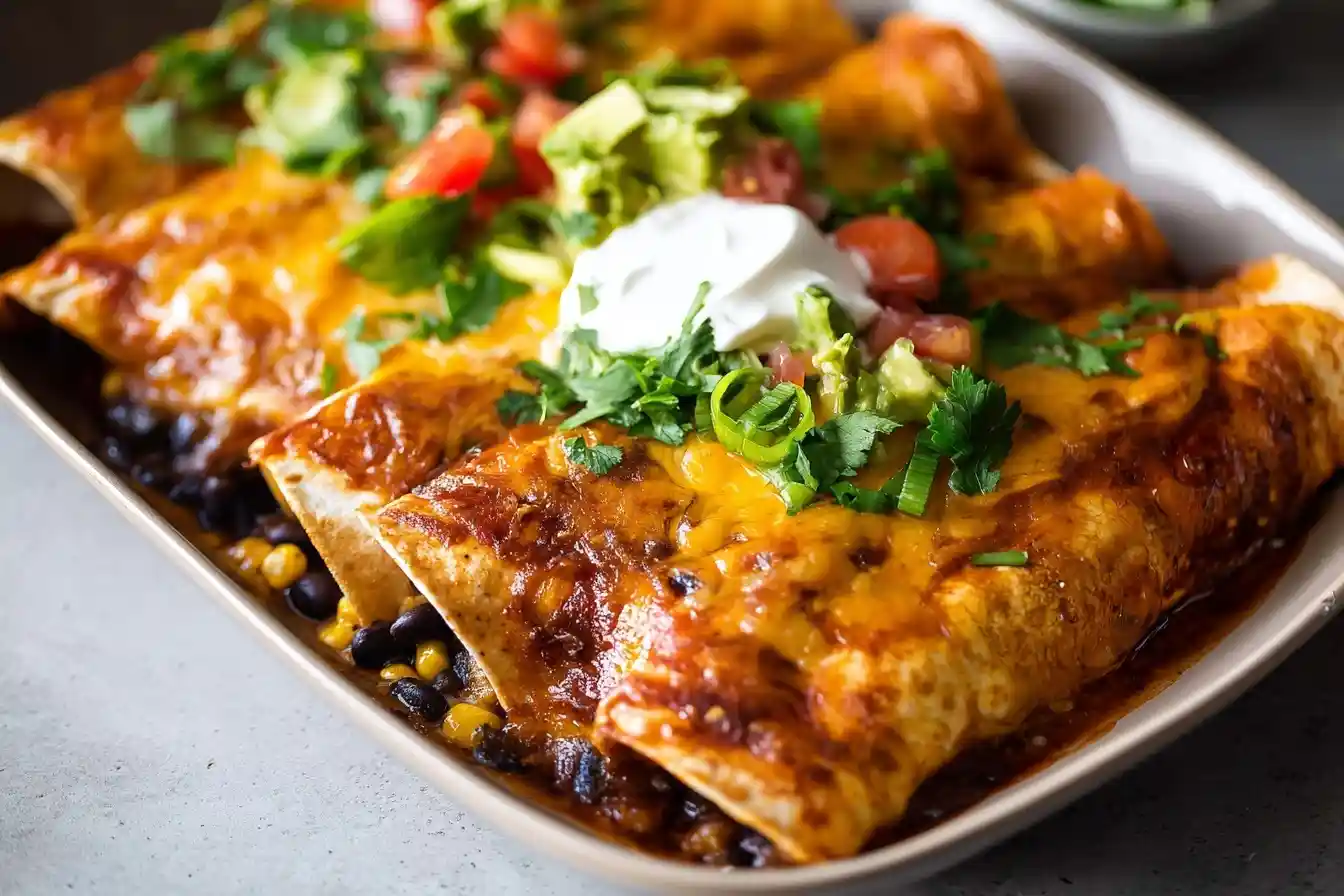 A close-up of a baking dish of cheesy black bean enchiladas topped with sour cream, guacamole, and fresh cilantro.