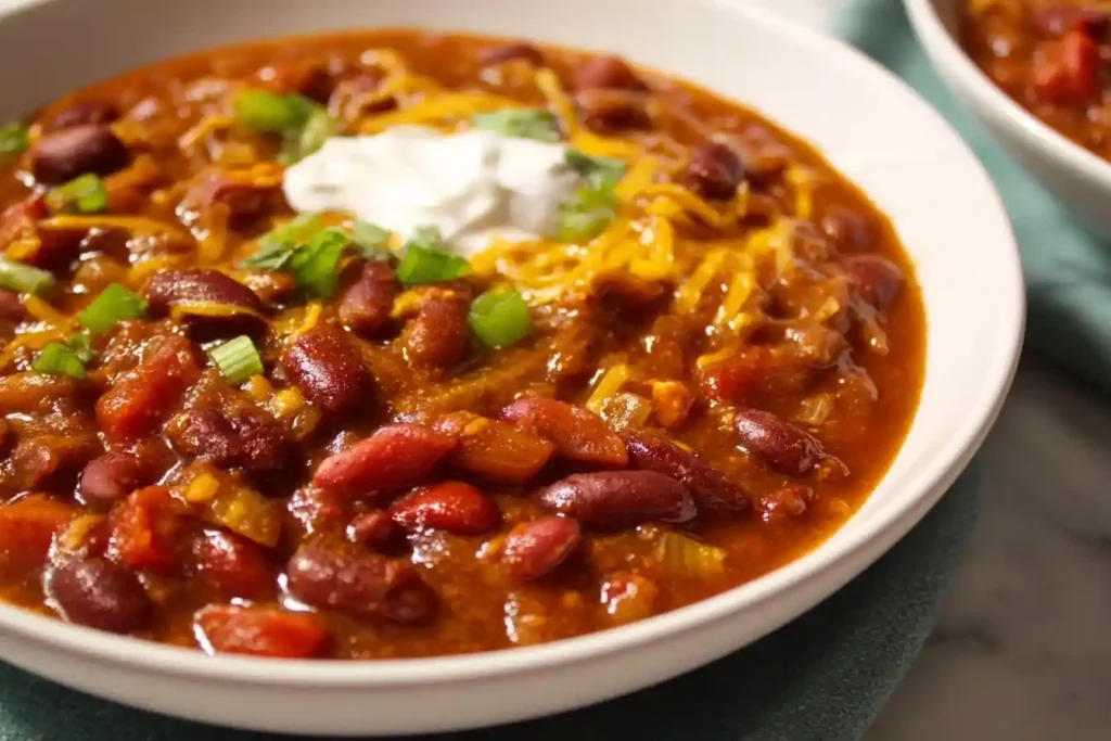 A close-up of a white bowl filled with hearty vegetarian chili, garnished with cheese, sour cream, and green onions.
