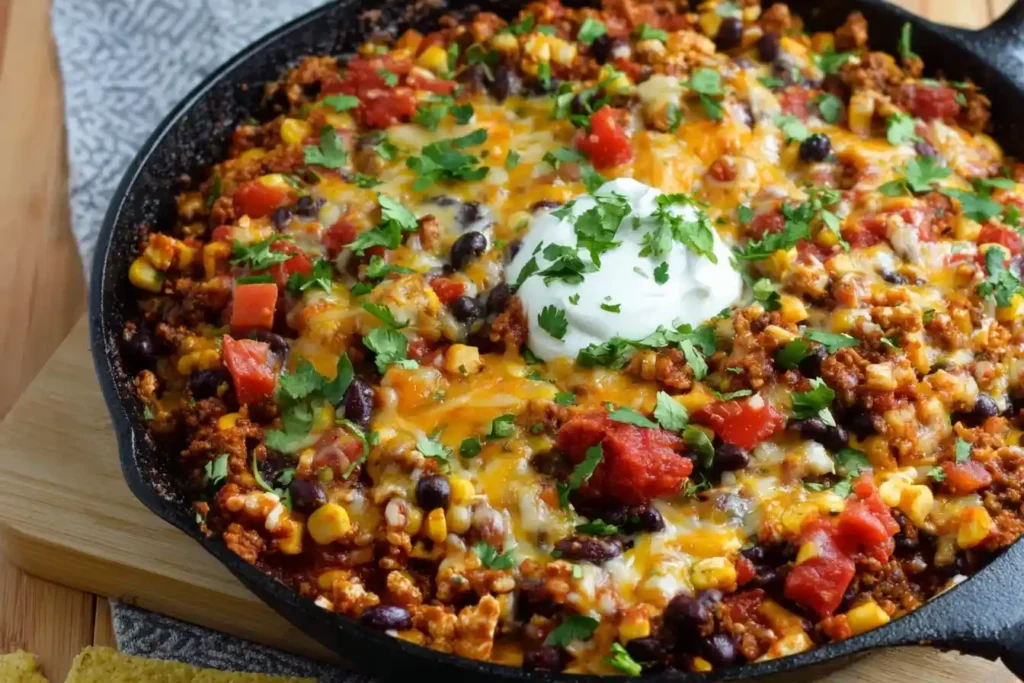 A hot and cheesy taco skillet dip in a cast iron pan, topped with ground meat, beans, corn, sour cream, and cilantro.