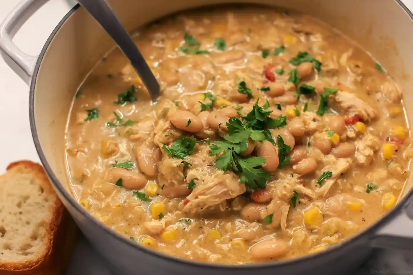 A large pot of creamy white chicken chili with shredded chicken, beans, corn, and fresh cilantro, with a ladle resting inside.
