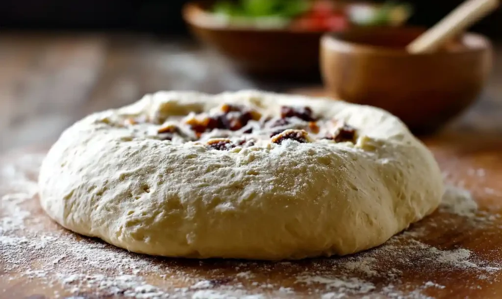 A close-up shot of homemade sun dried tomato pizza dough proofing on a floured wooden surface before being baked.