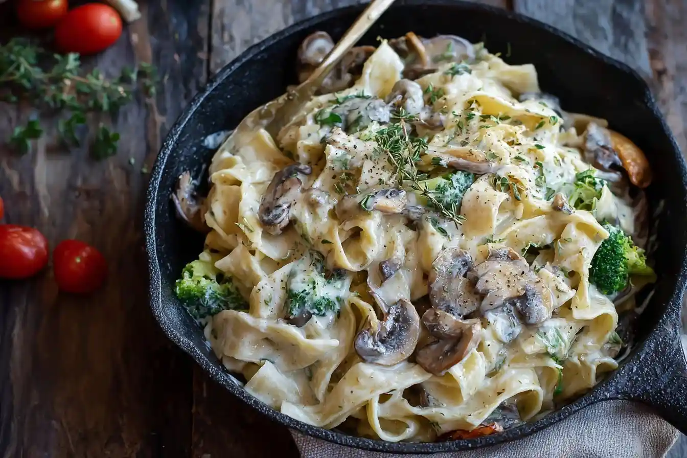 Cast iron skillet filled with creamy mushroom pasta, broccoli florets, and fresh thyme on a wooden table