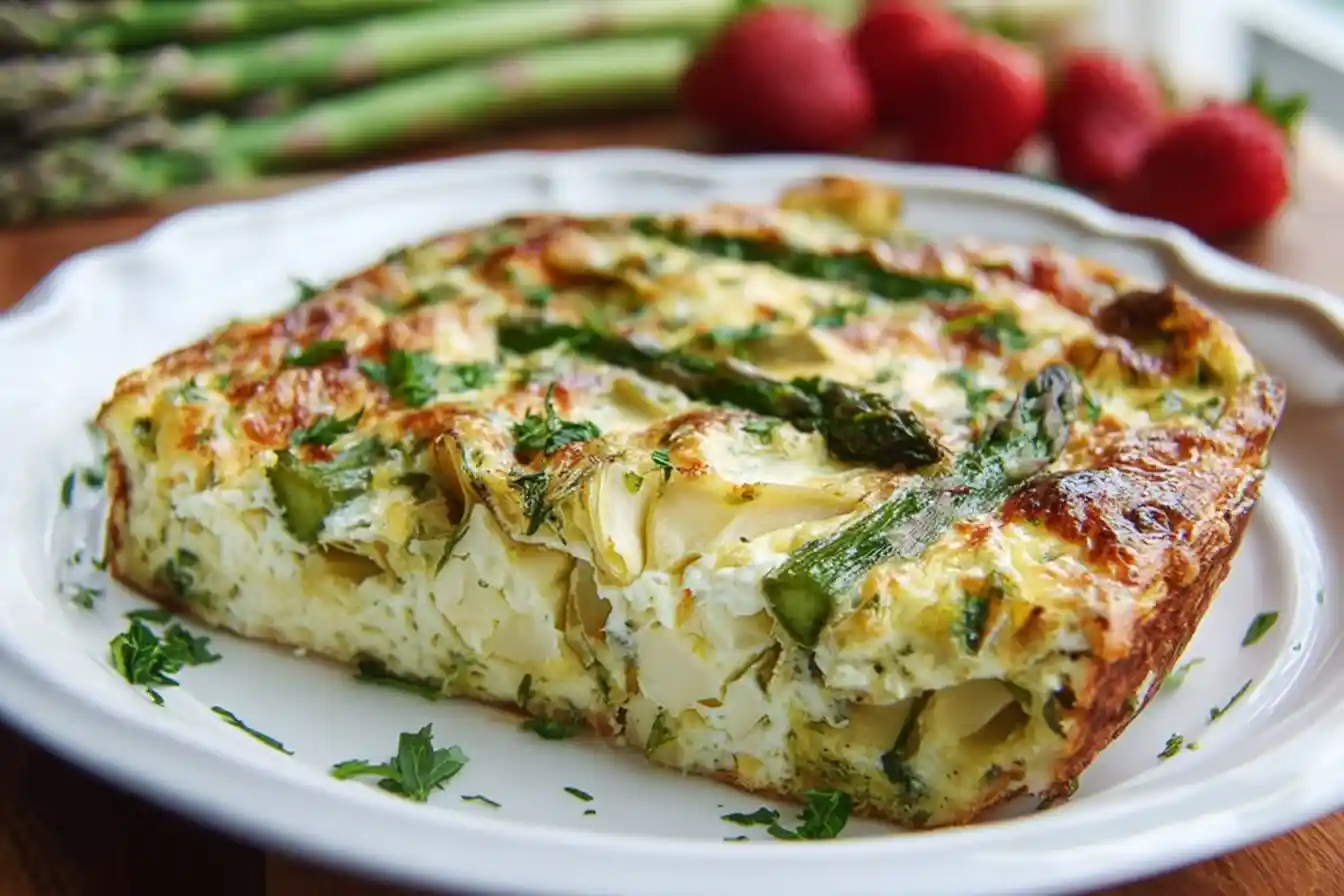 A close-up slice of a golden-brown Asparagus Frittata on a white plate, garnished with fresh parsley.