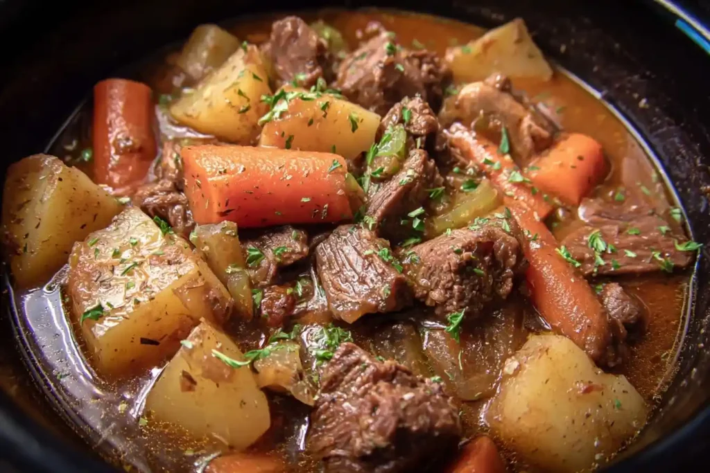 A close-up shot of a hearty slow cooker full of a classic beef stew recipe with potatoes, carrots, and a rich gravy.