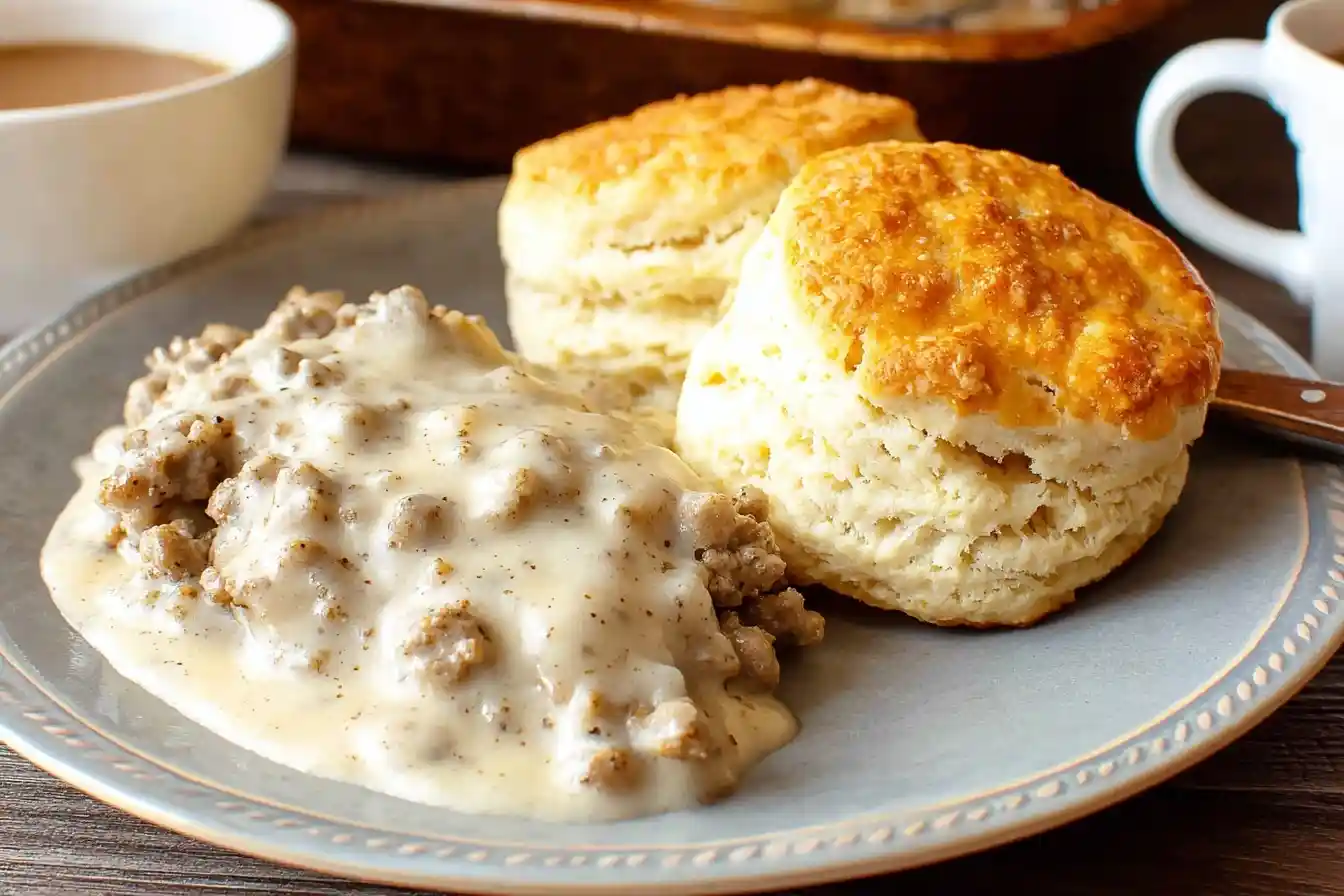 A plate of fluffy homemade biscuits smothered in creamy, peppery biscuits and sausage gravy, ready for breakfast.