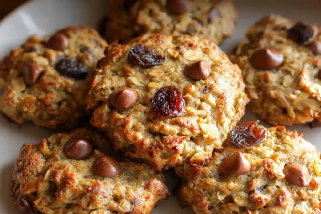 Close-up view of soft oatmeal breakfast cookies loaded with chocolate chips and raisins on a plate