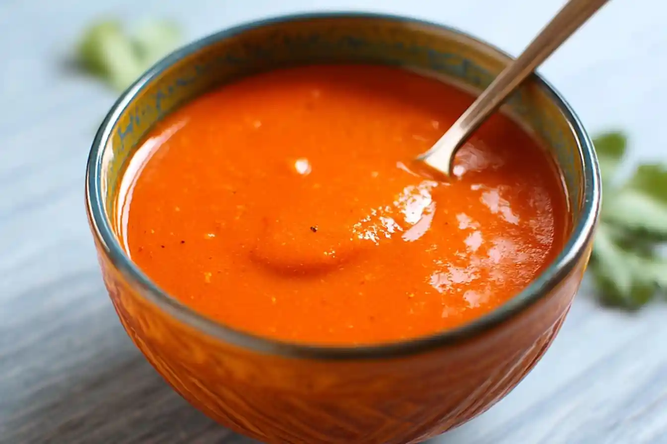 Ceramic bowl filled with orange {{ $('Fetch Recipe Data').first().json["Main Keyword"] }} and a metal spoon.