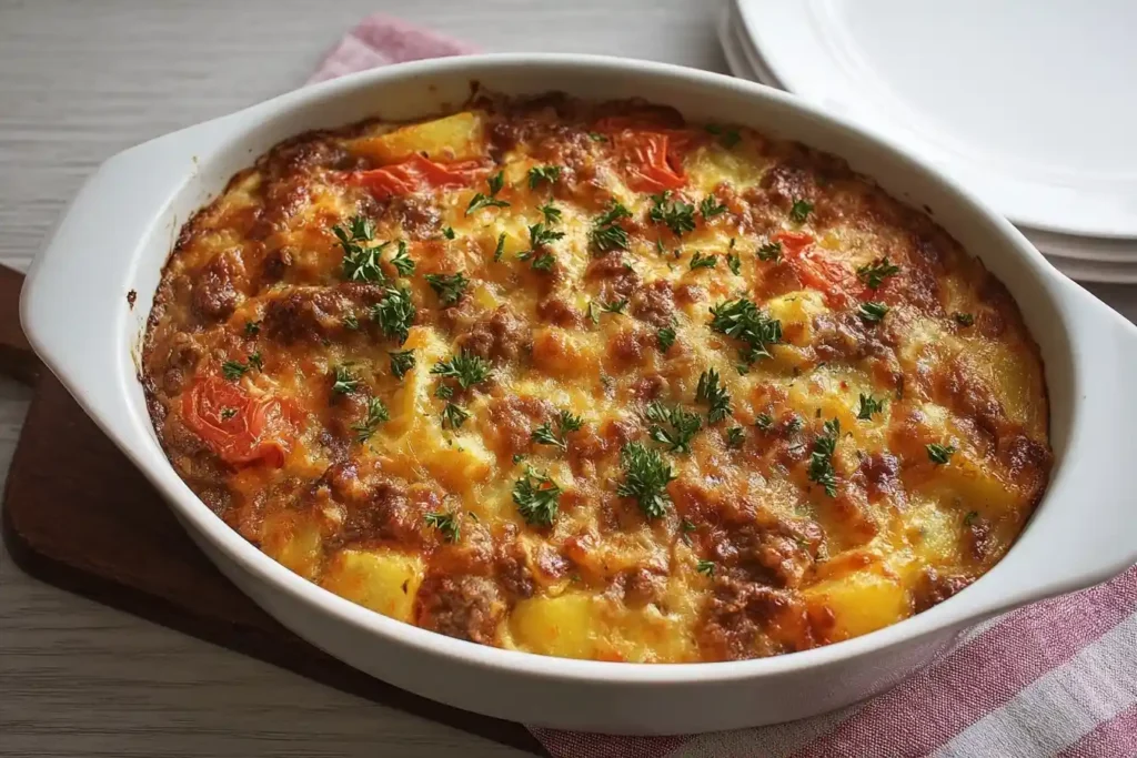 Cheesy ground beef and potato casserole in a white baking dish garnished with fresh parsley.
