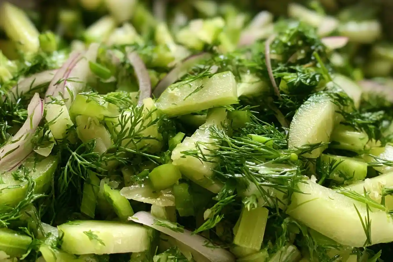 Close-up view of a fresh cucumber dill salad mixed with sliced red onions and chopped herbs