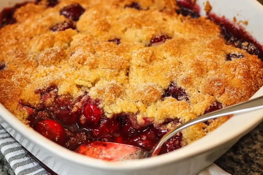 Golden brown cherry cobbler in a white baking dish with a silver spoon scooping out the bubbling fruit filling.
