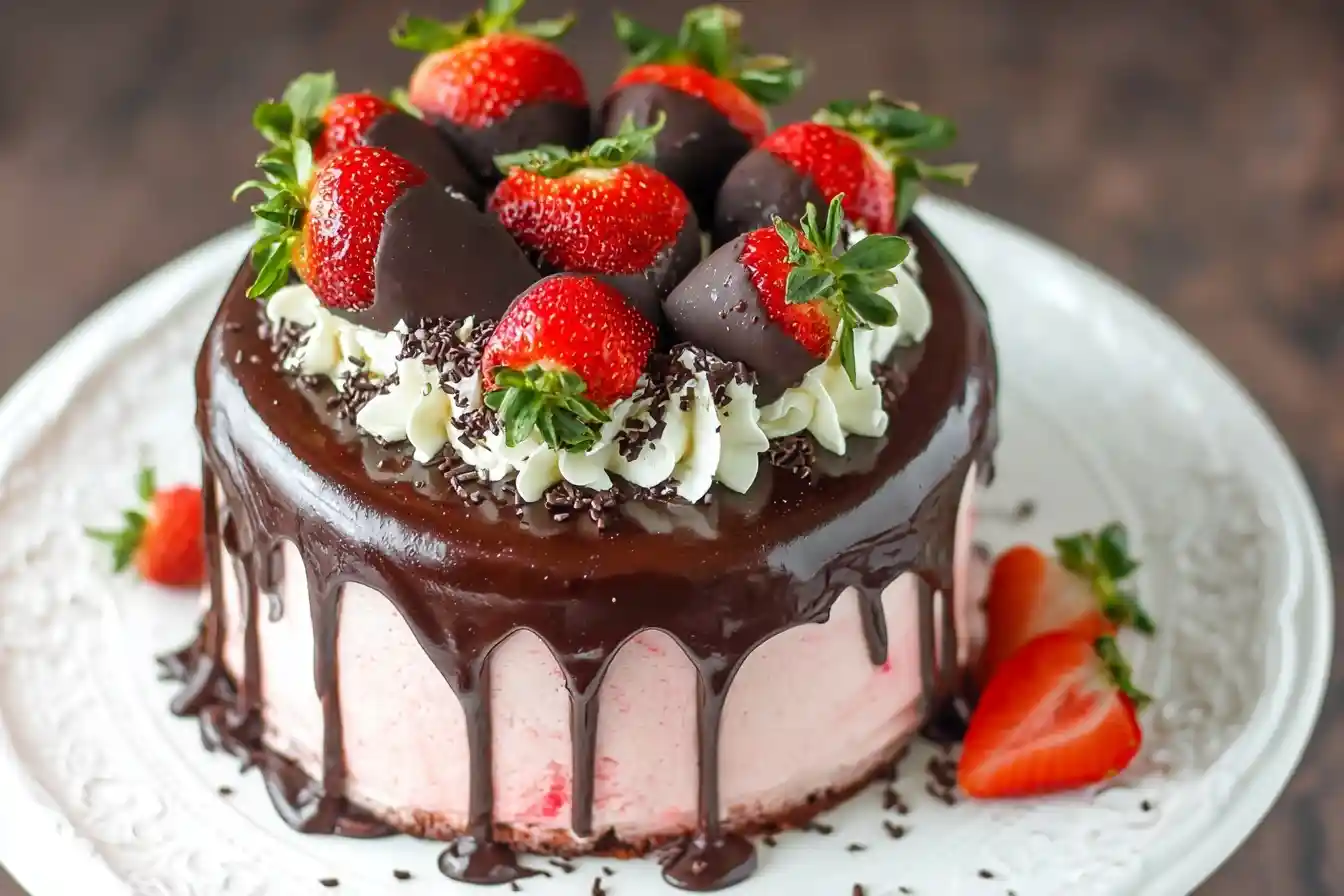 Decadent chocolate covered strawberry cake topped with fresh dipped berries and a rich ganache drip on a white plate.
