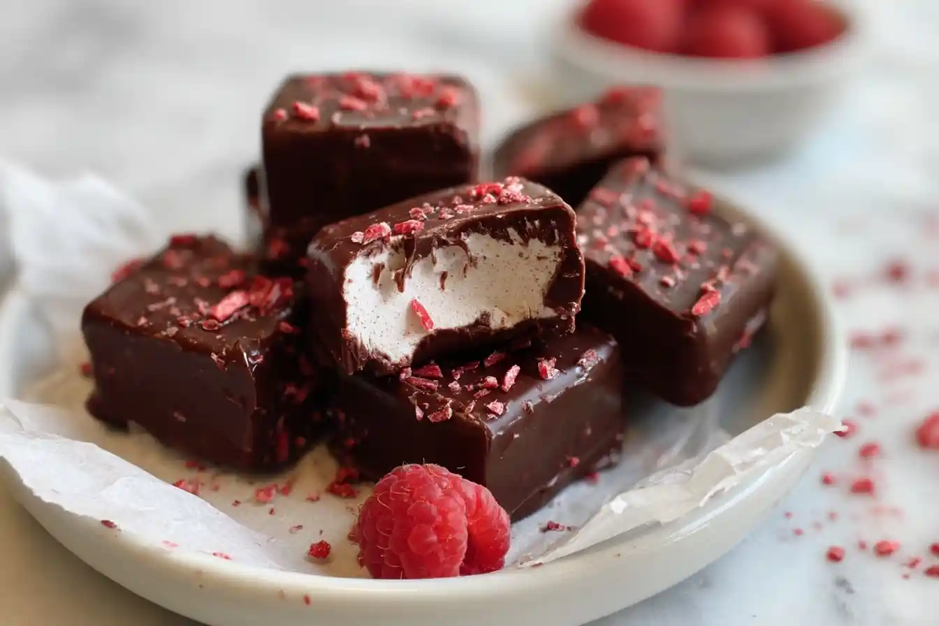 Homemade chocolate covered marshmallows topped with raspberry crumbles, with one bitten to show the soft white center.