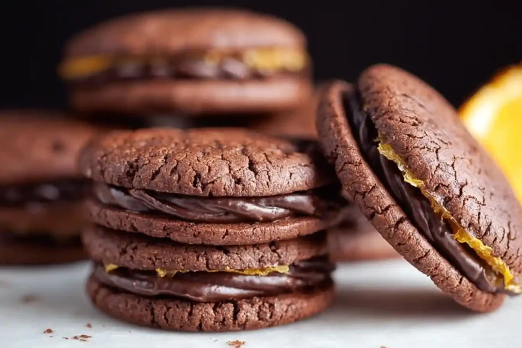 A close-up shot of a stack of chocolate orange cookies with a rich chocolate and orange filling, ready to be eaten.