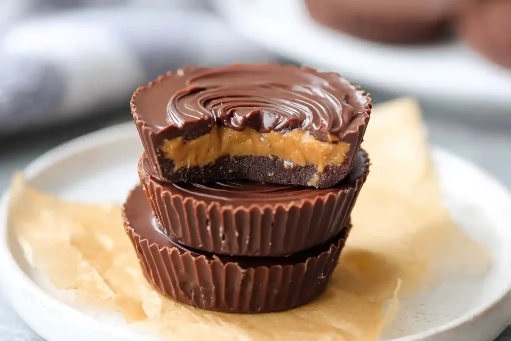 Stack of three homemade peanut butter cups with a bite taken out of the top one to show the creamy filling.