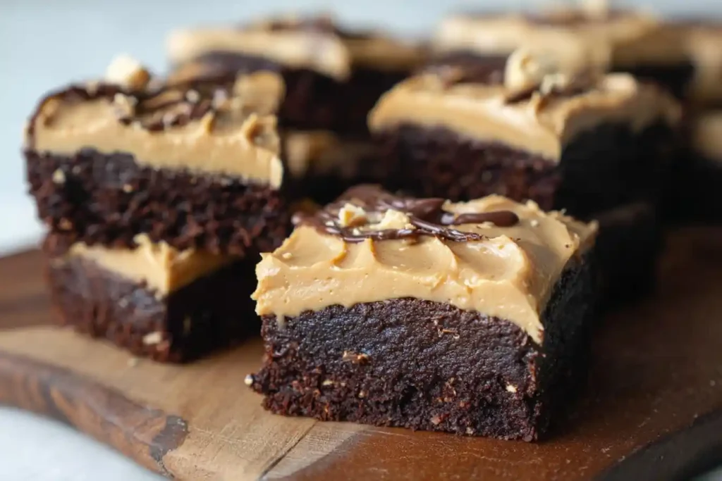 Close-up of fudgy peanut butter brownies topped with creamy frosting and chocolate drizzle on a wooden board.