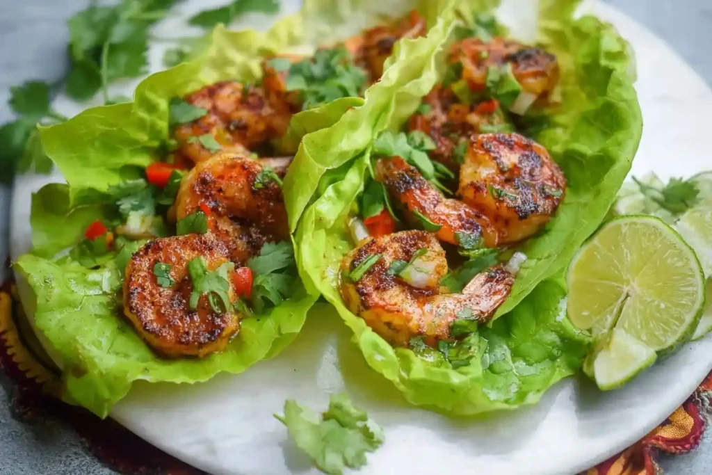 Close-up of three Cajun Shrimp Lettuce Wraps topped with fresh cilantro and served with lime wedges on a white plate.