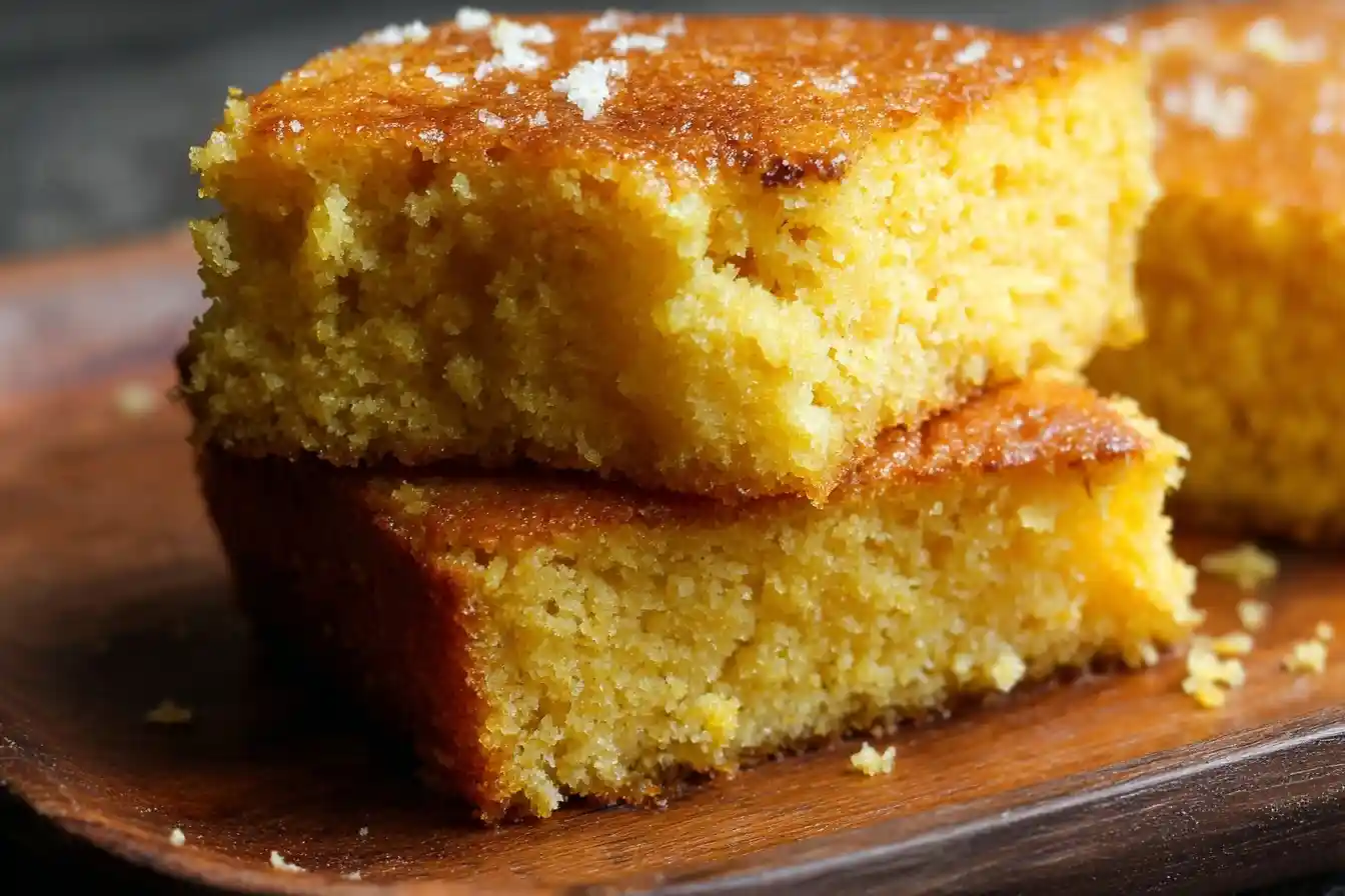 A close-up of two stacked squares of golden, {{ $('Fetch Recipe Data').first().json["Main Keyword"] }} on a rustic wooden plate, sprinkled with coarse salt.