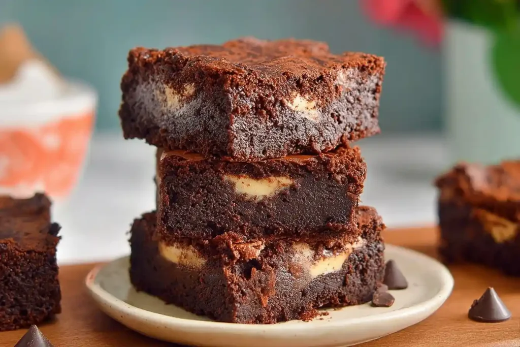 A close-up stack of three thick, fudgy cheesecake brownies on a small plate.