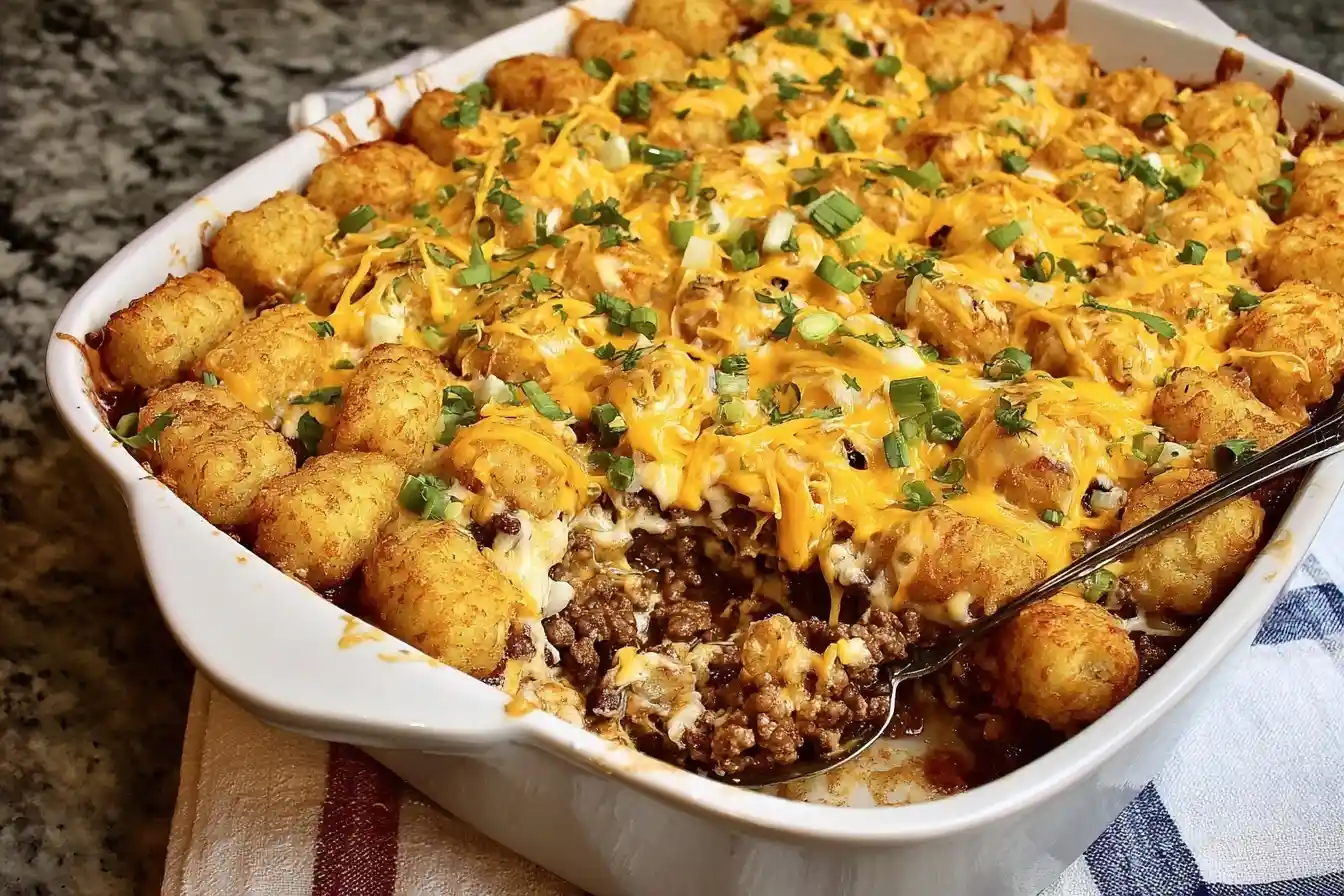 A close-up of a hearty Tater Tot Casserole in a white dish, topped with melted cheese, crispy tots, and green onions.