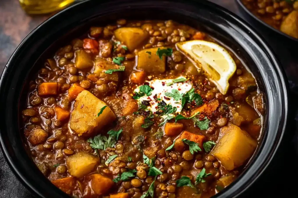 Close-up of a black bowl filled with hearty Lentil Soup, potatoes, carrots, fresh herbs, and a lemon wedge.