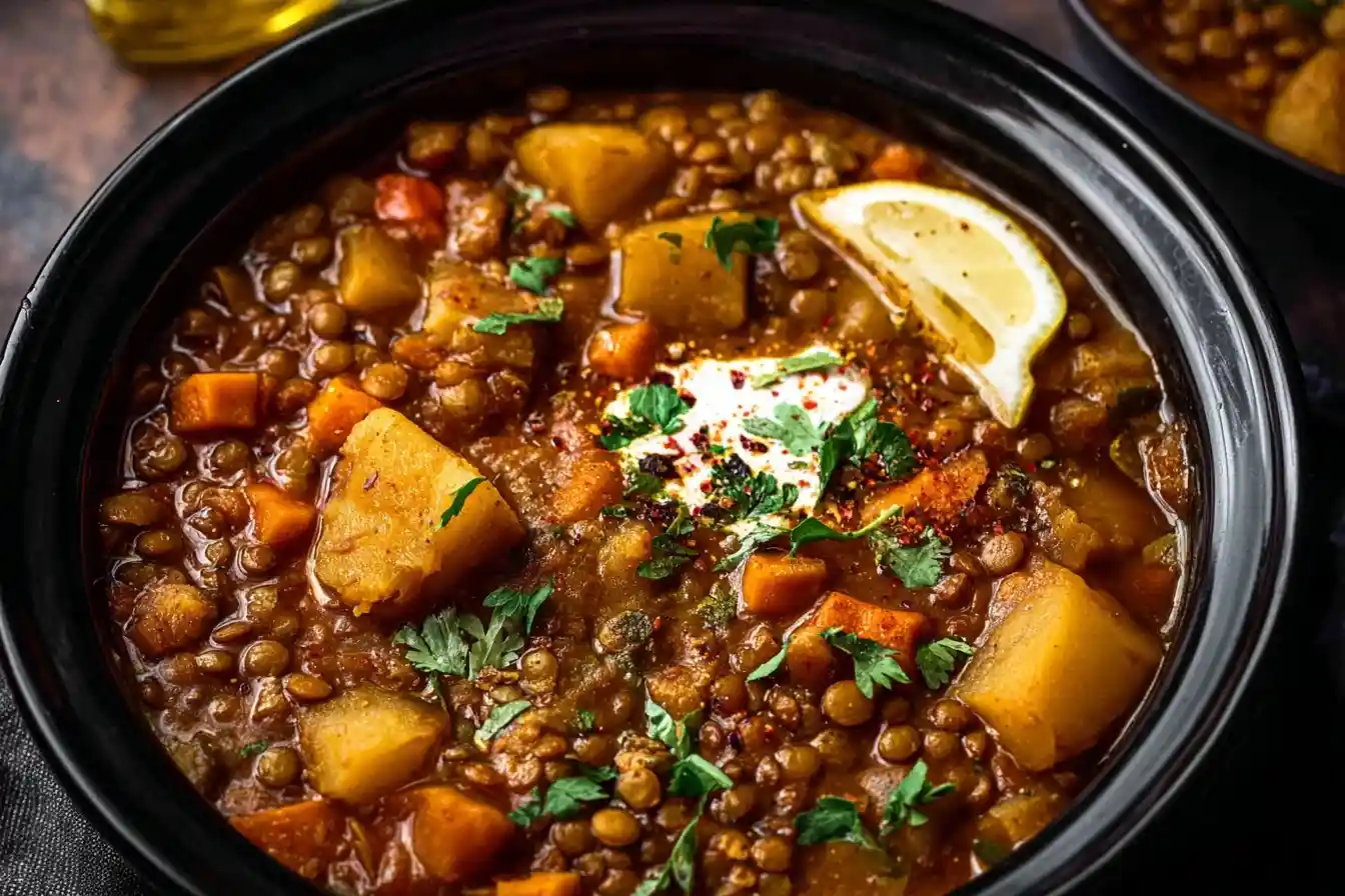 Close-up of a black bowl filled with hearty Lentil Soup, potatoes, carrots, fresh herbs, and a lemon wedge.