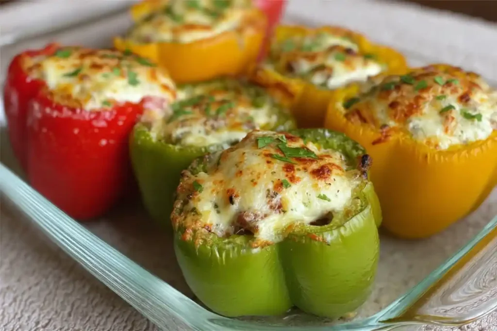 A glass baking dish filled with colorful Stuffed Peppers topped with melted cheese and fresh parsley.
