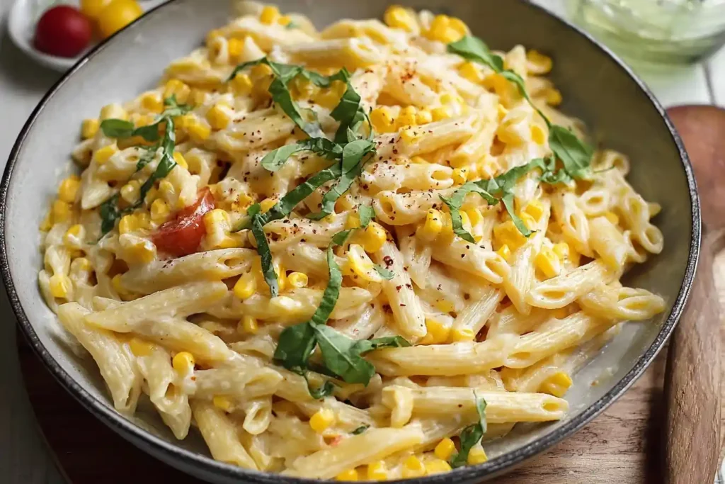 Close-up view of a bowl of creamy corn pasta with penne, sweet corn, and fresh basil garnish.