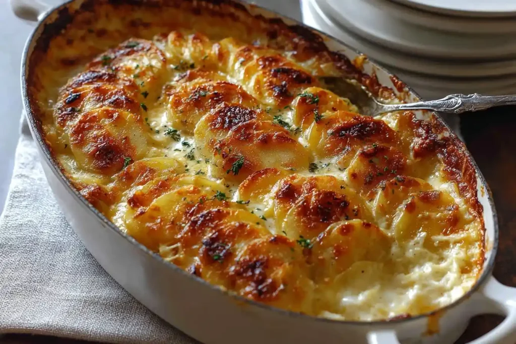 Overhead view of a white casserole dish filled with creamy Scalloped Potatoes baked to a golden brown.