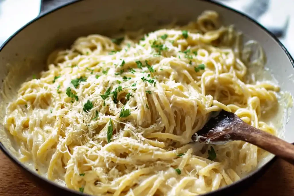Skillet filled with pasta coated in creamy Alfredo Sauce, garnished with fresh parsley and grated parmesan cheese.