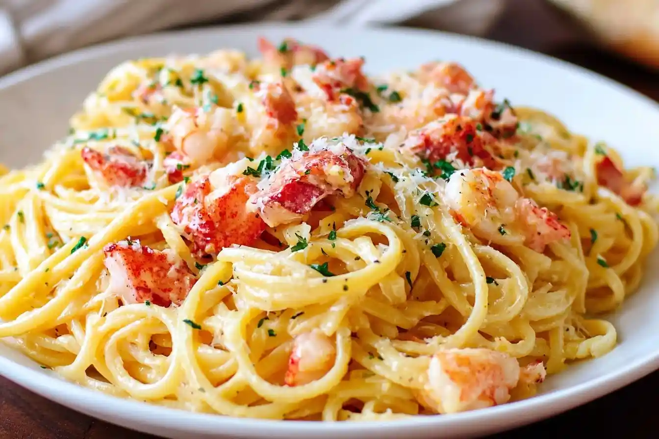 Close-up of creamy lobster pasta with chunks of lobster meat and fresh parsley garnish in a white bowl.