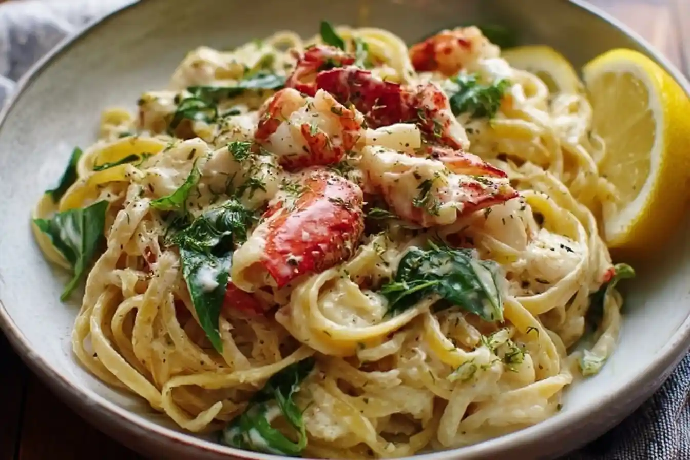 Bowl of creamy Lobster Pasta topped with fresh herbs and large chunks of lobster meat next to a lemon wedge.