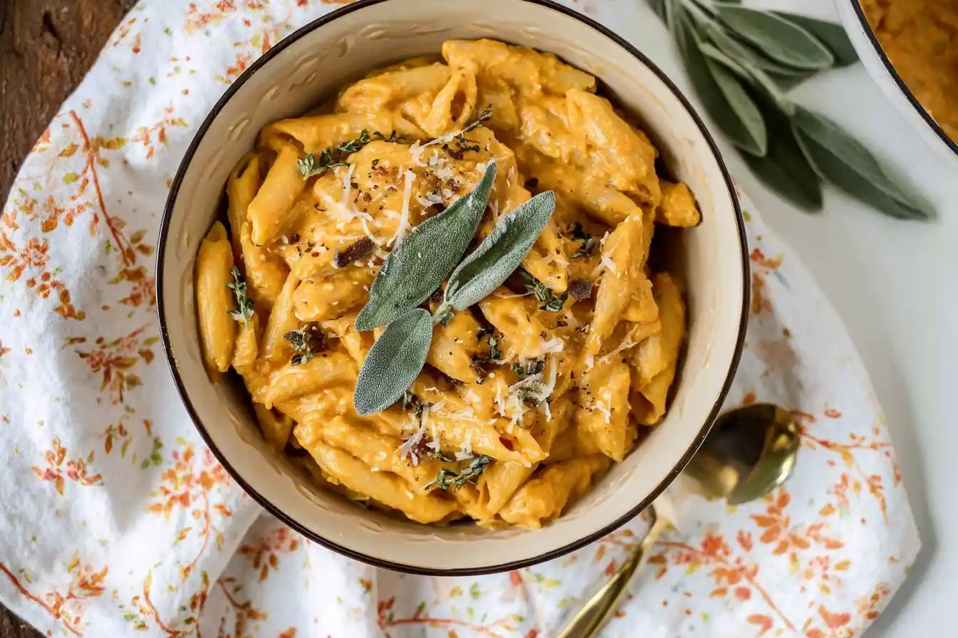 Top view of a bowl of creamy Pumpkin Pasta garnished with fresh sage and parmesan cheese.