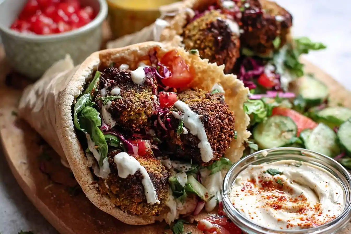 Close-up of a loaded falafel pita filled with crispy falafel balls, fresh salad, and creamy tahini sauce on a wooden board.