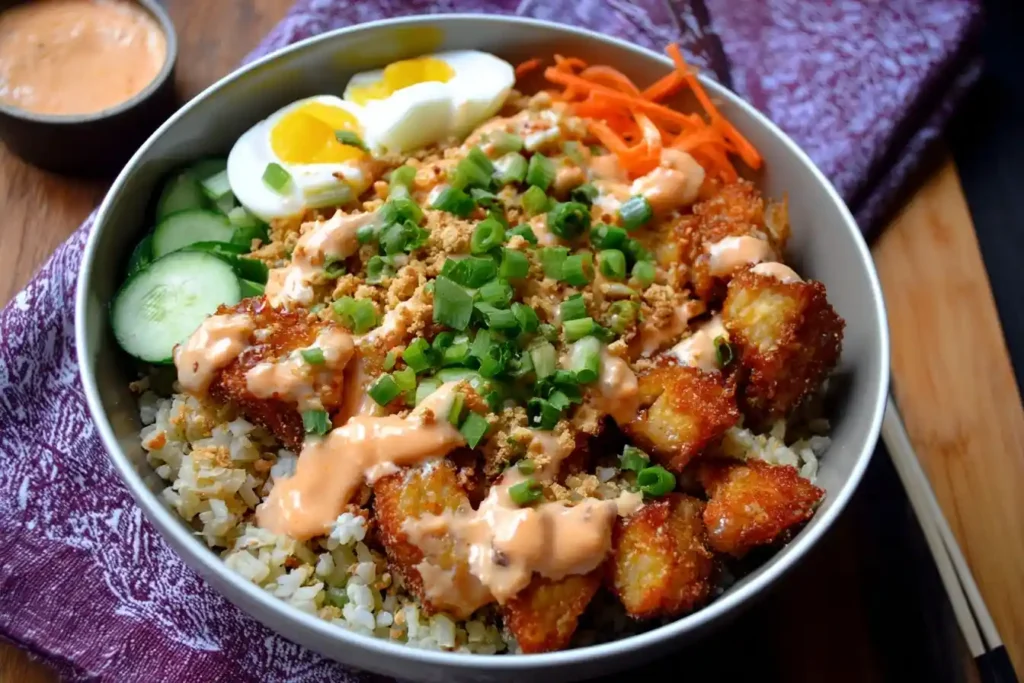 Overhead view of a Bang Bang Chicken Bowl with cauliflower rice, crispy chicken, sliced cucumbers, carrots, and spicy sauce.