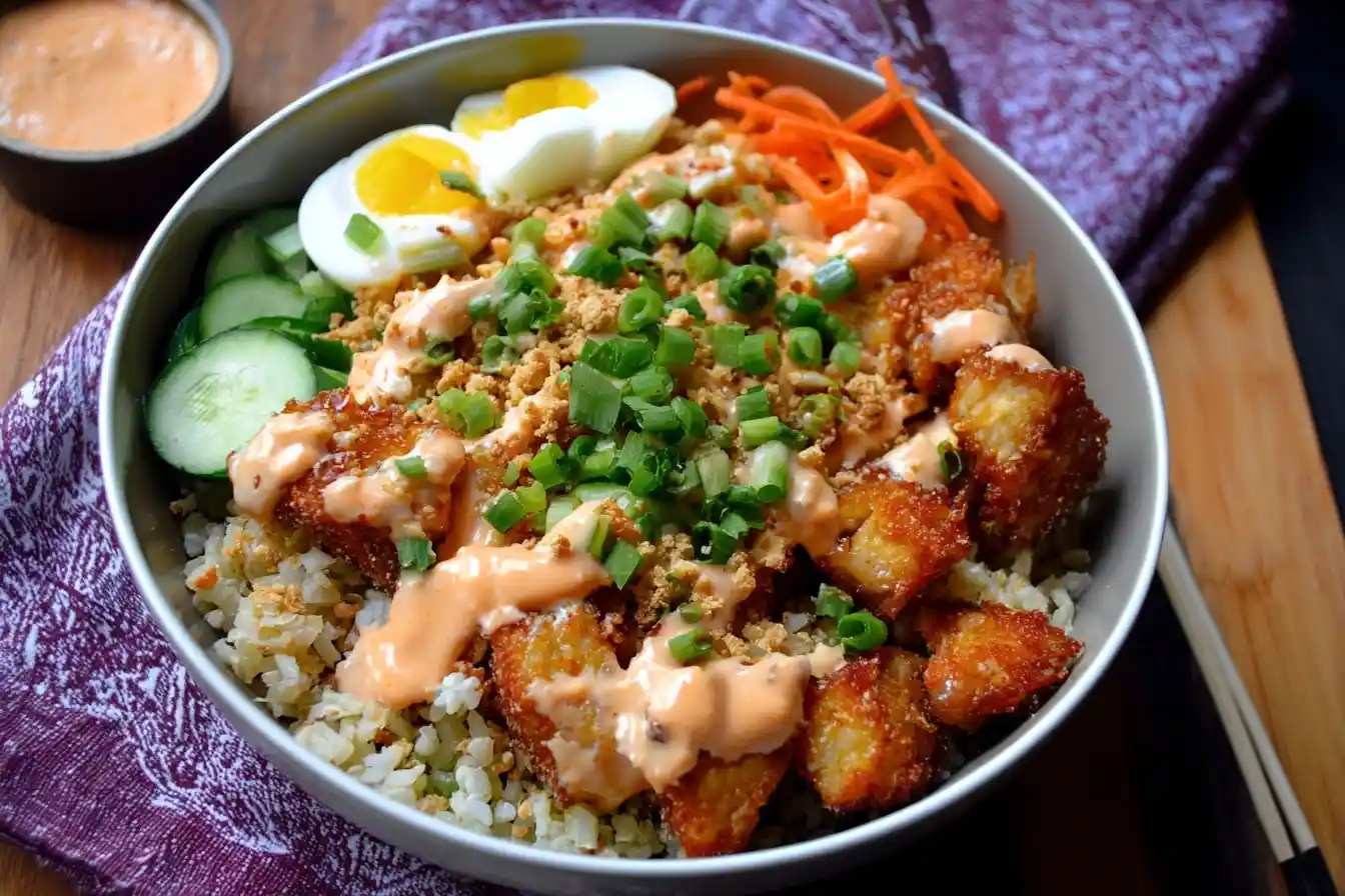Overhead view of a Bang Bang Chicken Bowl with cauliflower rice, crispy chicken, sliced cucumbers, carrots, and spicy sauce.