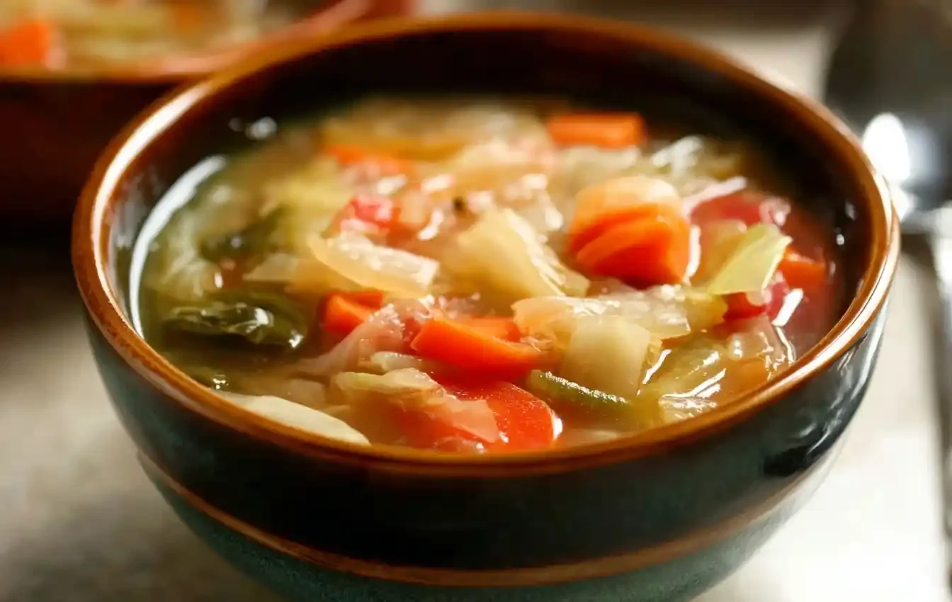 Close-up of a ceramic bowl filled with steaming cabbage soup, tender carrots, and vegetables.