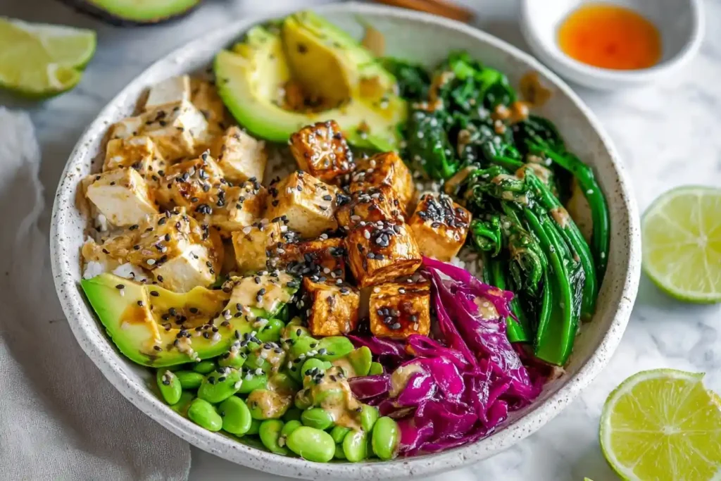Overhead view of a healthy Tofu Buddha Bowl with glazed tofu, avocado, edamame, and purple cabbage.