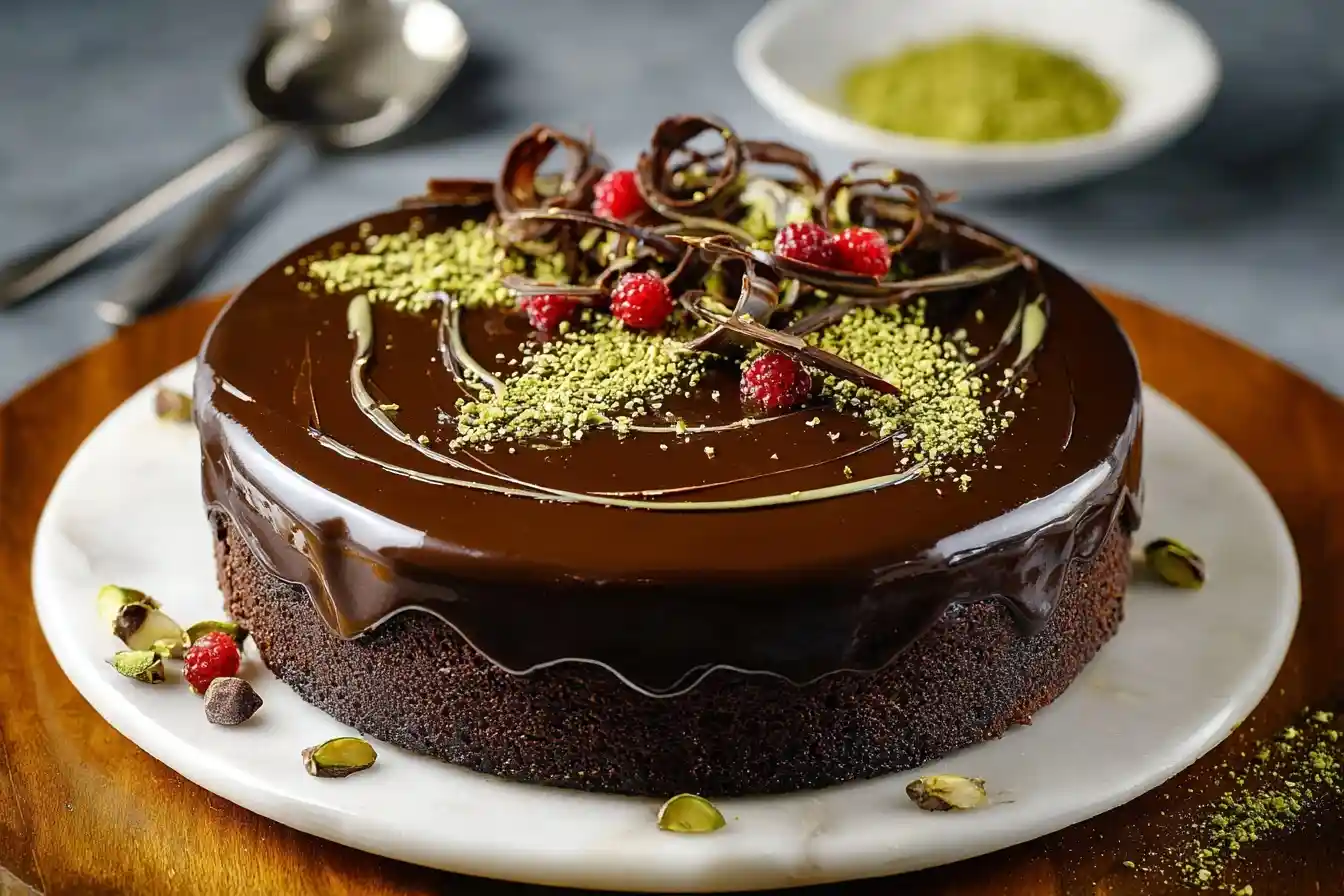 Decadent chocolate pistachio cake topped with glossy ganache, fresh raspberries, and chocolate curls on a marble stand.