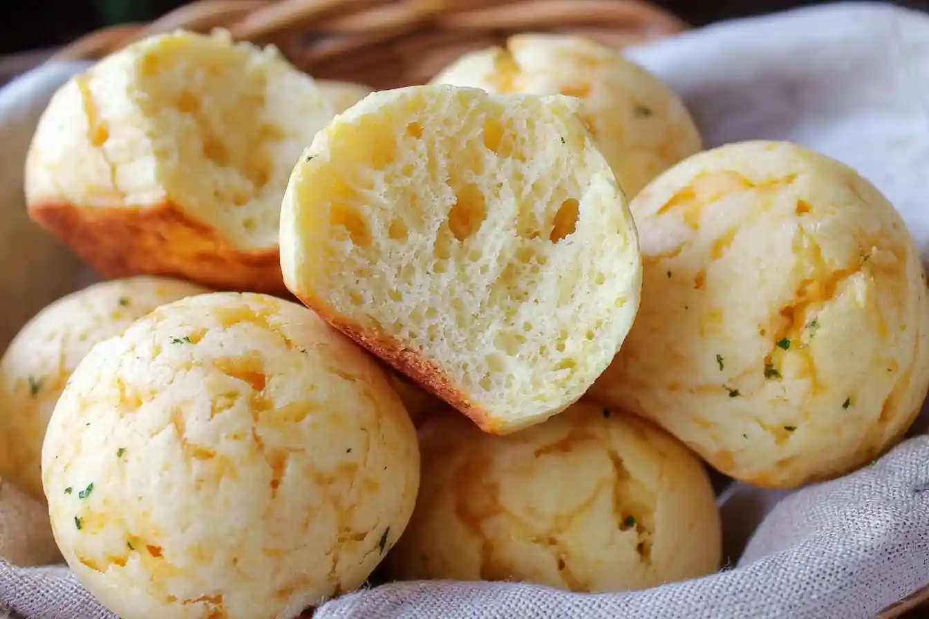Close-up of golden Brazilian cheese bread in a basket, with one cut open to show the fluffy interior.